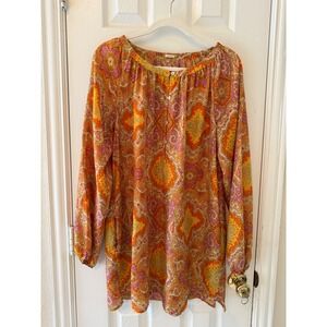 J Crew Paisley Print Long Sleeve Tunic Dress Orange Pink‎ Yellow Size M